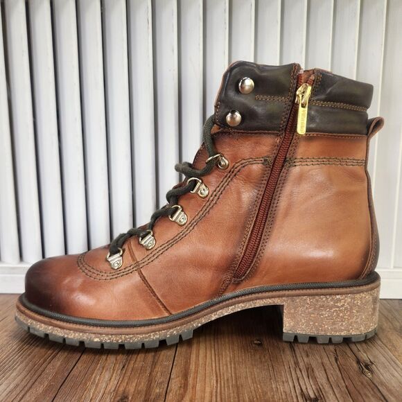 Pikolinos Aspe Ankle Boots Womens Sz 9.5 Brown Leather Lace Up Hikers Side Zip - Picture 6 of 11
